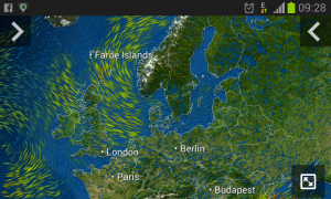 Windströmung aktuell mit Hoch KARIN über Skandinavien (MeteoEarth App Screenshot)