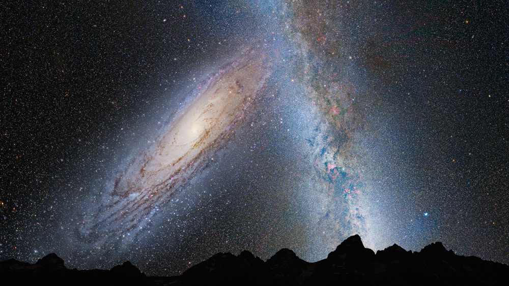 So könnte der Himmel der fernen Zukunft aussehen, wenn die Andromeda-Galaxie sich anschickt, mit der Milchstraße zu kollidieren (Künstlerische Darstellung: NASA, ESA, Z. Levay and R. van der Marel (STScI), T. Hallas, and A. Mellinger)