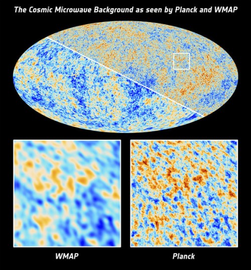 Die Hintergrundstrahlung wird immer besser gemessen: Vergleich der Satelliten WMAP (2004) und Planck (2013) Bild: ESA and the Planck Collaboration; NASA / WMAP Science Team