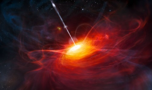 Künstlerische Darstellung eines supermassereichen Lochs im Zentrum einer Galaxie mit leuchtender Scheibe und Jet (Bild: ESO/M.Kornmesser)
