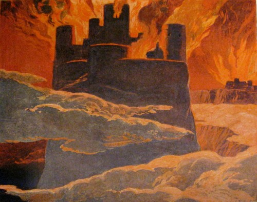 Der Feuerriese Surt hat die Welt angezündet; Ragnarök ist bald vorüber (Bild: Emil Doepler, 1905, public domain)