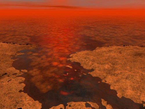 Kohlenwasserstoffeis auf einem See aus flüssigen Kohlenwasserstoffen (Künstlerische Darstellung: NASA/JPL-Caltech/USGS