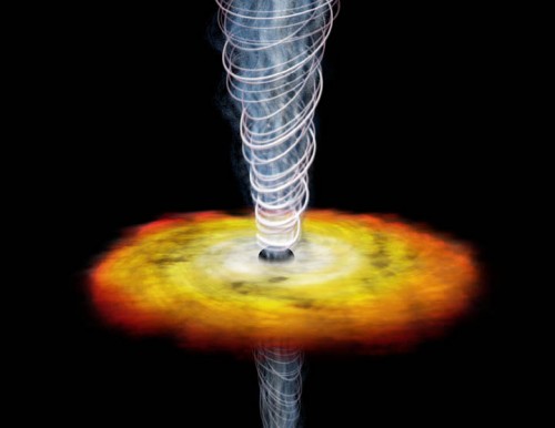 So stellte man sich einen Quasar vor: Ein gigantisches schwarzes Loch, umgeben von jeder Menge Materie die starke Strahlung ins All aussendet (Künstlerische Darstellung: NASA, public domain)