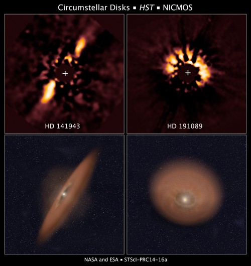 Zwei Scheiben und zwei Illustrationen die zeigen, wie sie "in echt" aussehen könnten (Bild: NASA, ESA, and R. Soummer and A. Feild (STScI))
