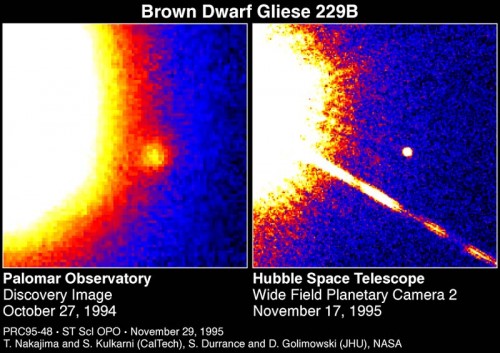 Brauner Zwerg Gliese 229B. Das große Ding ist ein Stern; das kleine der braune Zwerg (Bild: T. Nakajima (Caltech), S. Durrance (JHU), S. Kulkarni (Caltech), D.Golimowski (JHU) und NASA)
