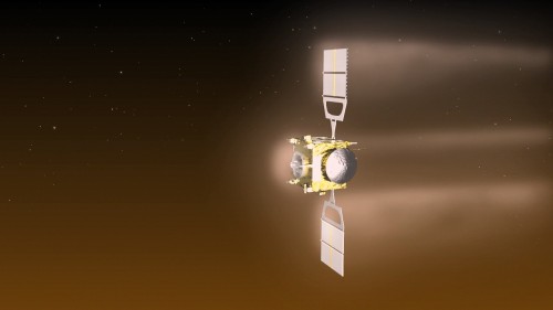 Venus Express in der Atmosphäre unseres Nachbarplaneten (Künstlerische Darstellung: ESA–C. Carreau)