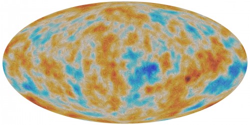 Plancks neuer Blick aufs Universum. Die Farben geben die Temperaturunterschiede in der Hintergrundstrahlung an; die Struktur zeigt die Richtung der Polarisation (Bild: ESA and the Planck Collaboration)