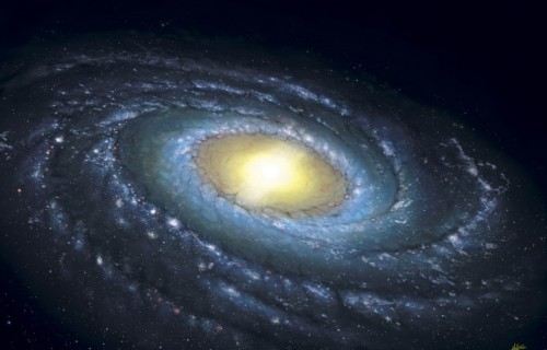 Künstlerische Darstellung der Milchstraße mit Scheibe (außen) und dem hellen Bulge in der Mitte (Bild: Mark Garlick, public domain)