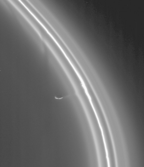 Der Saturnmond Prometheus und die Ringe (Bild:   NASA/JPL/Space Science Institute)