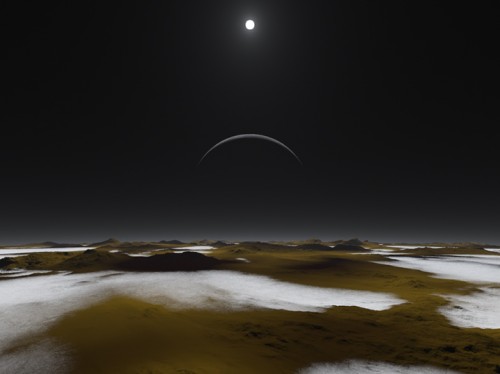 Künstlerische Darstellung von Plutos Oberfläche. Am Himmel sind der Mond Charon und darüber die Sonne zu sehen (NASA / Southwest Research Institute / Alex Parker)