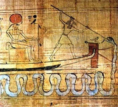 Seth (Mitte) in Res (links) Sonnenbarke, wie er die Schlange Apophis (rechts) tötet. (Bild: Public Domain)