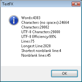 Screenshot des Infofensters, das erscheint, wenn man in Notepad++ die Erweiterung TextFX installiert hat und daraus die Funktion Wordcount aufruft