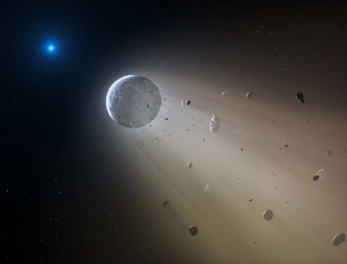 Künstlerische Darstellung eines sich auflösenden Kleinplaneten in der Nähe des weißen Zwergs (Mark A. Garlick / markgarlick.com)