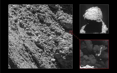 Bild: Main image and lander inset: ESA/Rosetta/MPS for OSIRIS Team MPS/UPD/LAM/IAA/SSO/INTA/UPM/DASP/IDA; context: ESA/Rosetta/NavCam – CC BY-SA IGO 3.0