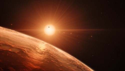 Künstlerische Darstellung von Trappist-1 und seinen Planeten (Credit: ESO/M. Kornmesser/spaceengine.org)