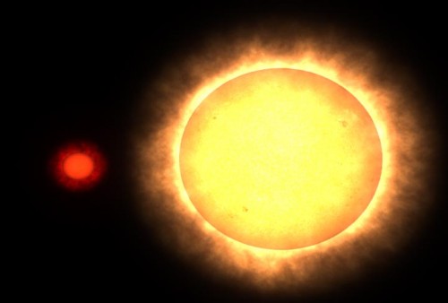 Größenvergleich zwischen der Sonne und einem roten Zwerg (Bild: NASA/Walt Feimer)
