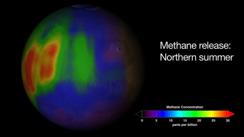 Variationen im Methangehalt der Marsathmosphäre (Bild: Trent Schindler/NASA