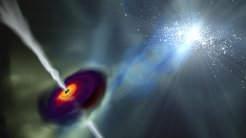 Strahlung und das supermassereiche schwarze Loch  entsteht (Künstlerische Darstellung: John Wise, Georgia Tech) 