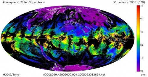 Verteilung des Wasserdampfs in der Erdatmosphäre (Bild: NASA, Public Domain)