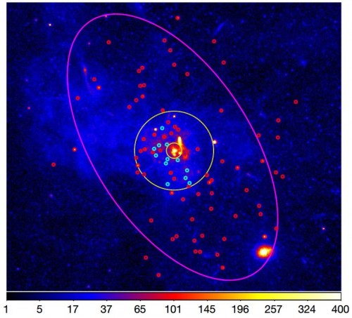 Schwarze Löcher im Zentrum der Milchstraße. Die neu entdeckten sind auf dieser Röntgenaufnahme mit türkisen Kreisen gekennzeichnet (Bild: Hailey et al, 2018)