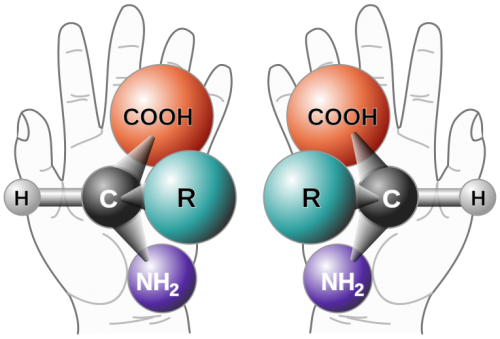 Hier ist Chiralität am Beispiel einer generischen Aminosäure dargestellt. Für die Einordnung spielt hier Konfiguration der -NH2-Gruppe eine Rolle. (Lizenz: gemeinfrei)
