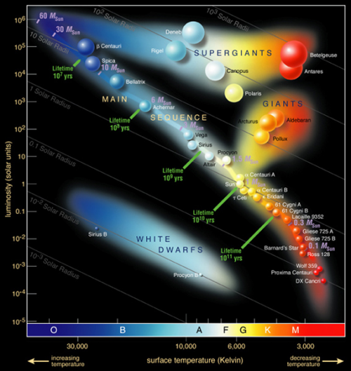Auf der X-Achse sind die sieben Spektralklassen angezeigt und auch die Temperatur der Sterne. Auf der Y-Achse wird die Leuchtkraft im Vergleich zur Sonne gezeigt. Bild: ESO [CC BY 4.0  (https://creativecommons.org/licenses/by/4.0)])